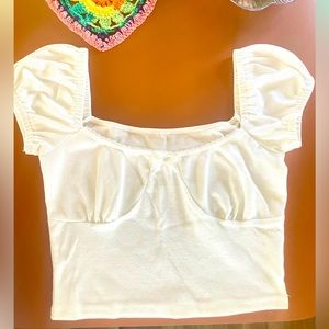 Balletcore delicate lace ribbon neckline white crop top